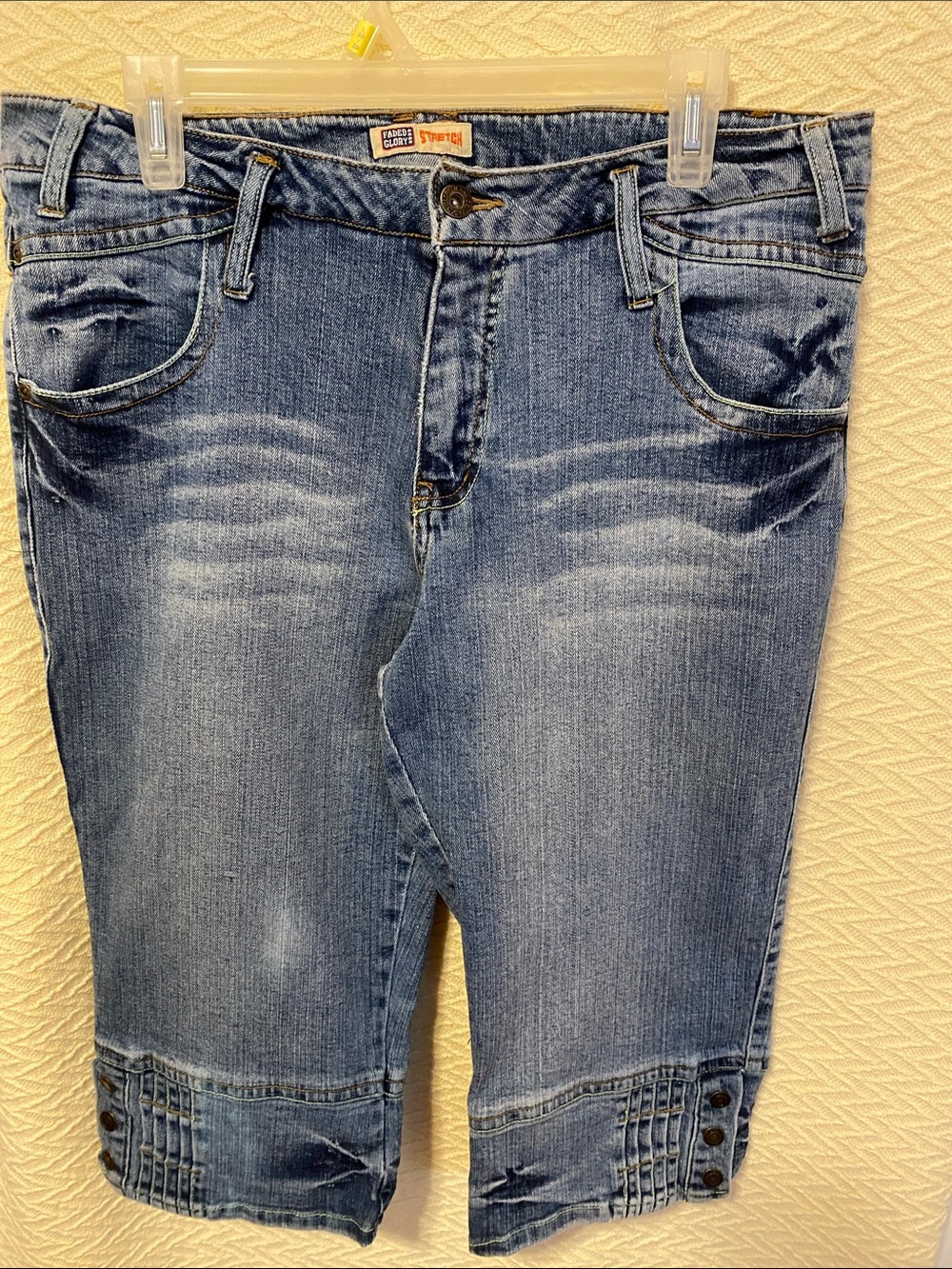 Faded Glory Light Blue Stretch Denim Capris with Button-Tab Hem